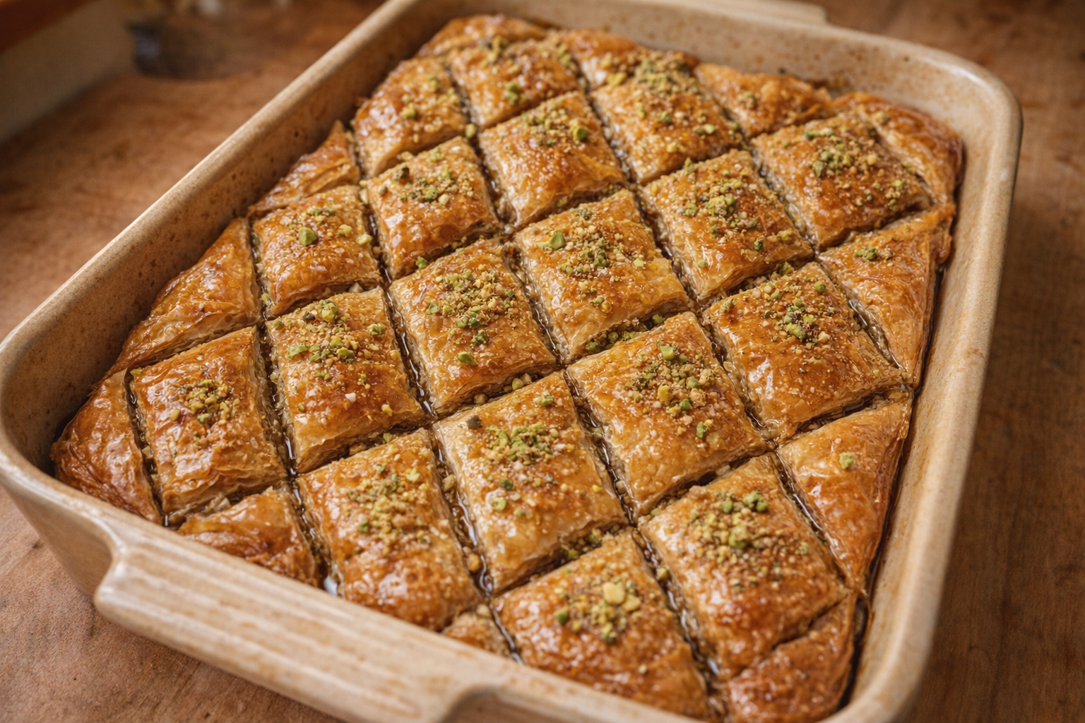 A top-down view of a pan of golden brown baklava, cut into diamond shapes, glistening with honey syrup, with a sprinkling of chopped pistachios on top. Warm, inviting lighting